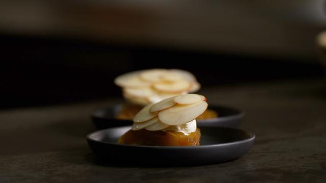 Tarte Tatin with mascarpone cream and raw marinated apple